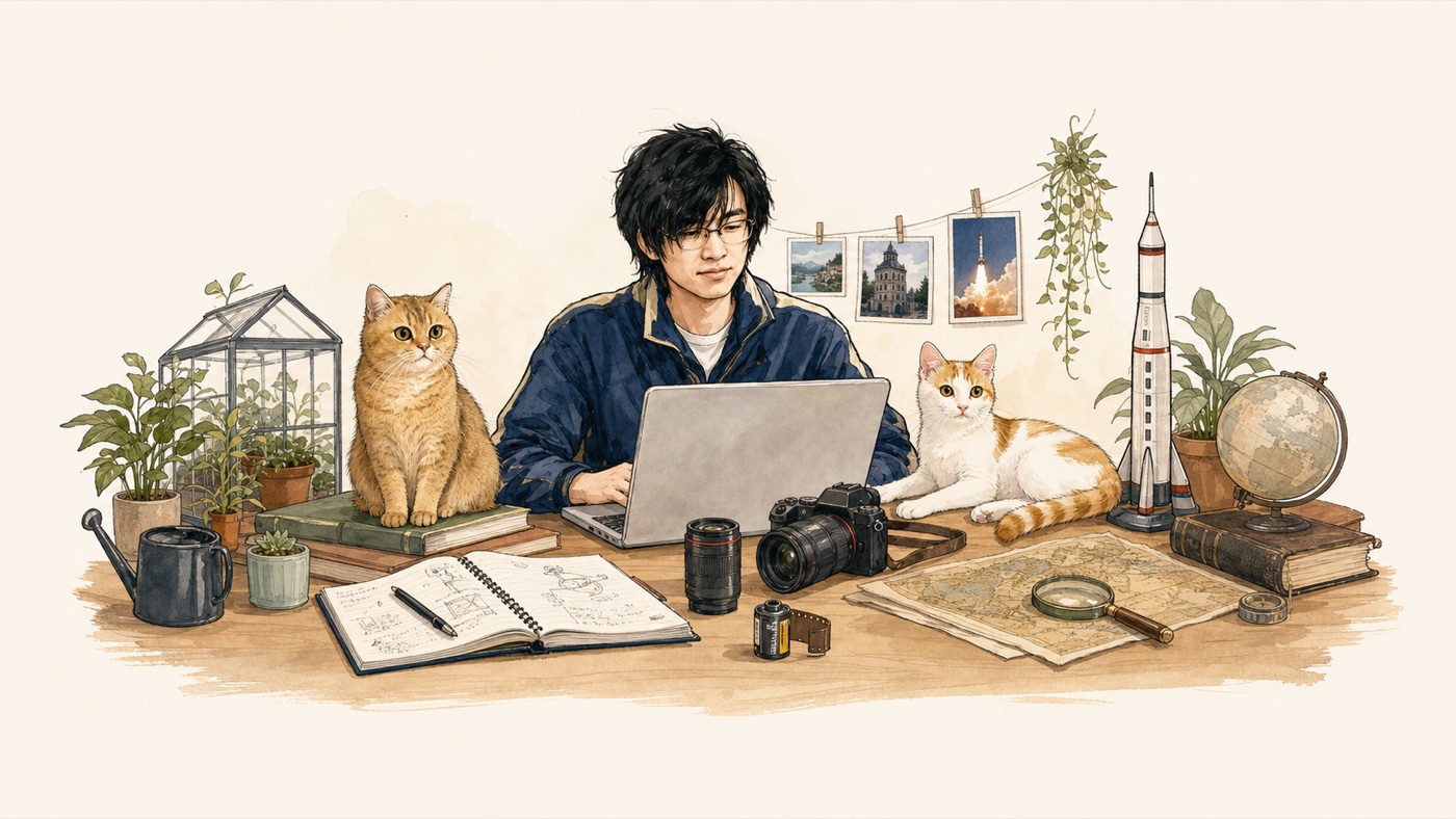 A hand-drawn studio desk with Torey, camera gear, plants, a rocket model, and two cats.