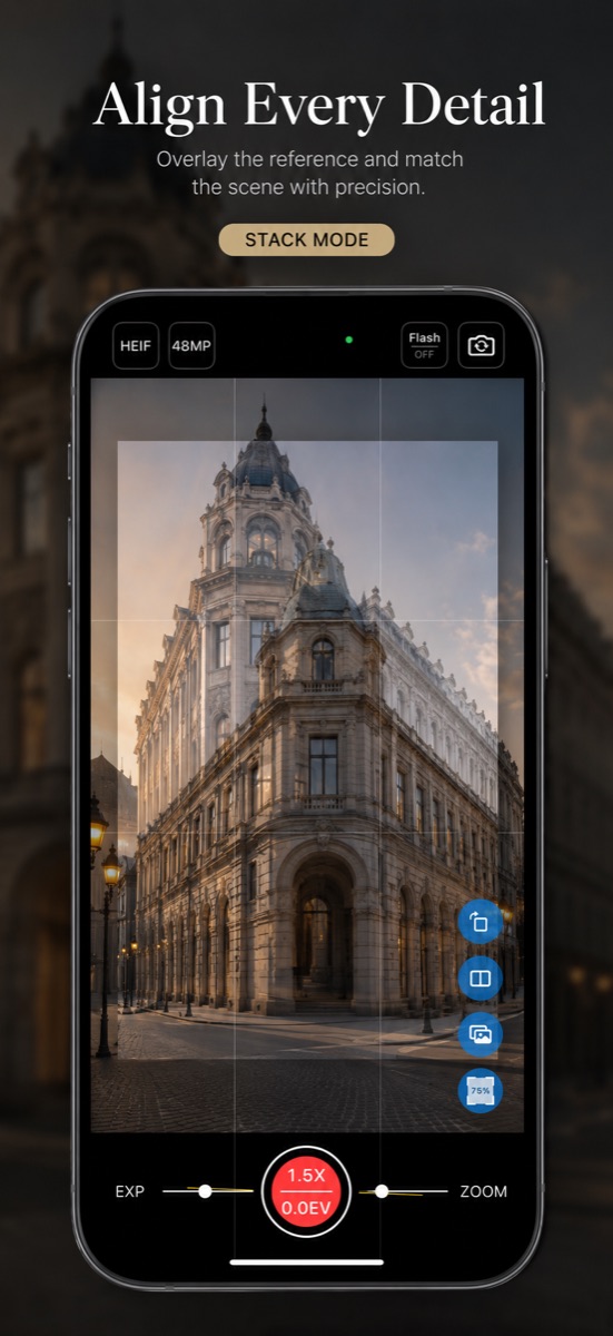 RefeCam stack mode aligning an architectural reference photo.