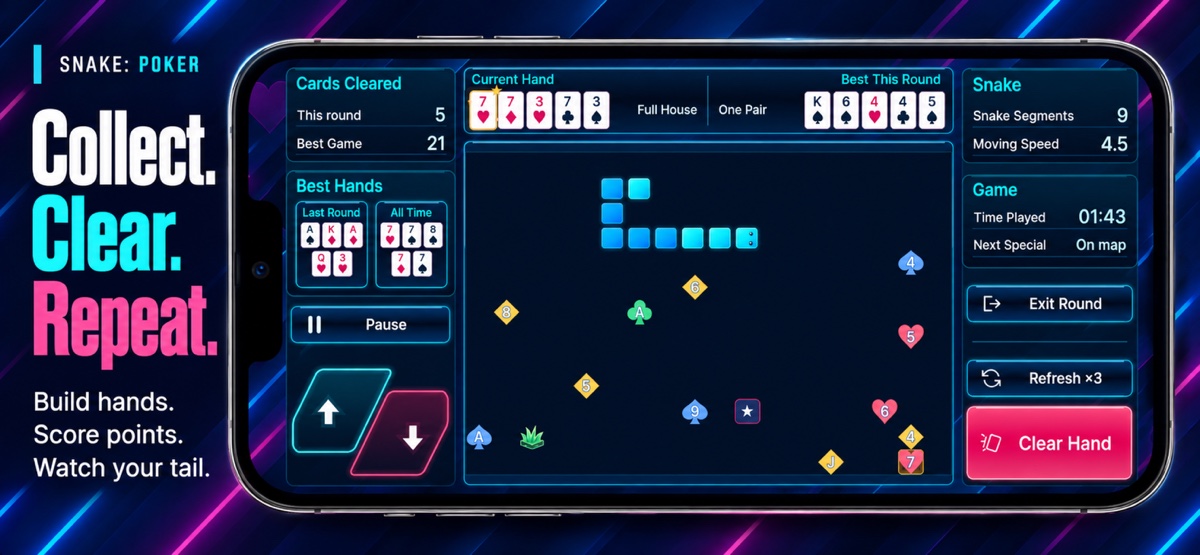 Collect, clear, repeat. A landscape iPhone shows a snake collecting playing cards and building a full house.