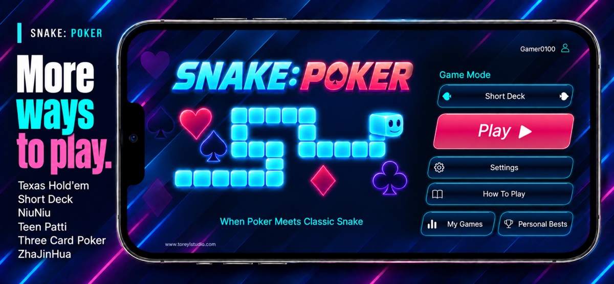More ways to play. An iPhone shows the Snake: Poker home screen and game mode selector.