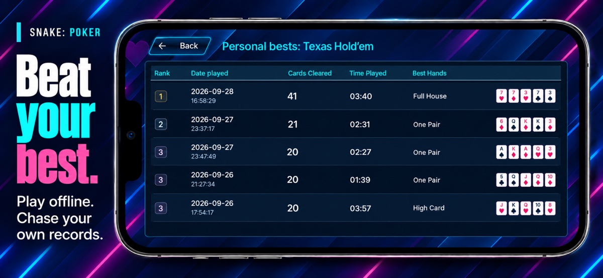 Chase your best. An iPhone shows personal records with scores, time played, and best hands.