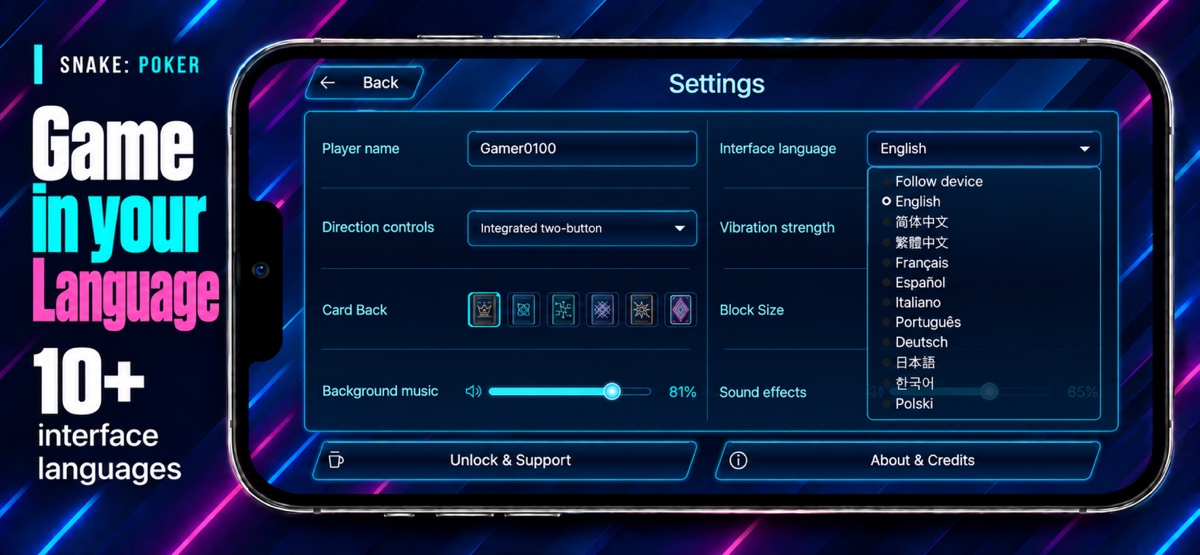 Game in your language. An iPhone shows Settings with a choice of more than ten interface languages.
