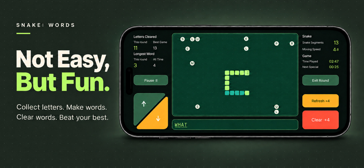 Not Easy, But Fun. Collect letters, make words, clear words, and beat your best. A landscape iPhone shows Snake: Words gameplay.