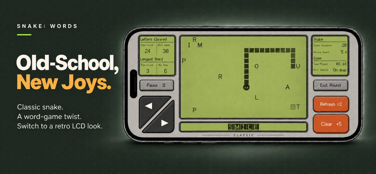 Old-School, New Joys. The Classic theme brings a green LCD screen and retro handheld controls to Snake: Words.