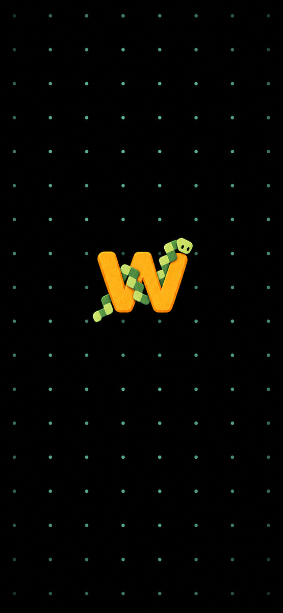 Snake: Words artwork: a green snake wrapped around a golden W on a black dotted background.